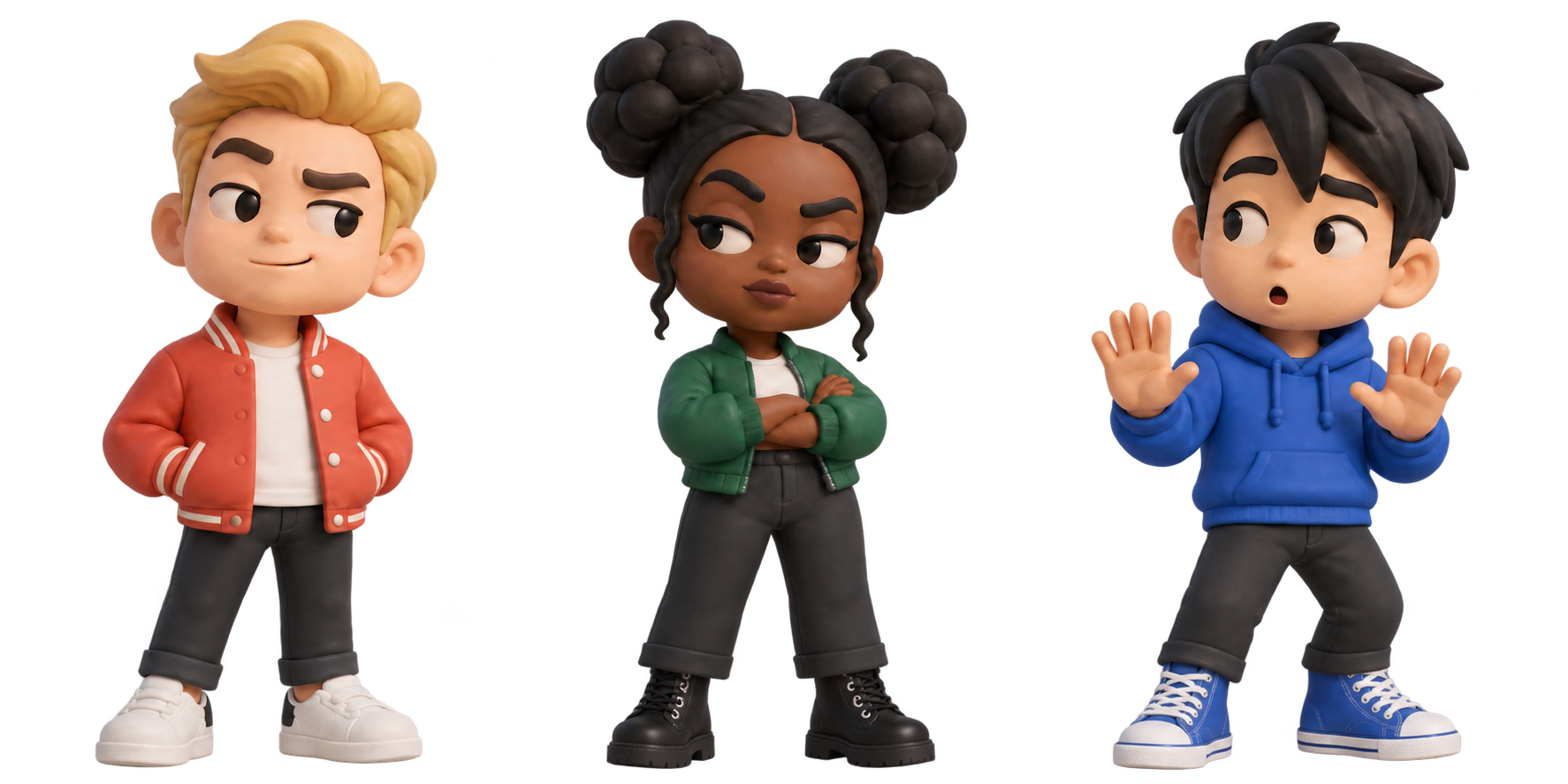Three suspicious friends: one looking confident, one giving side-eye, and one protesting