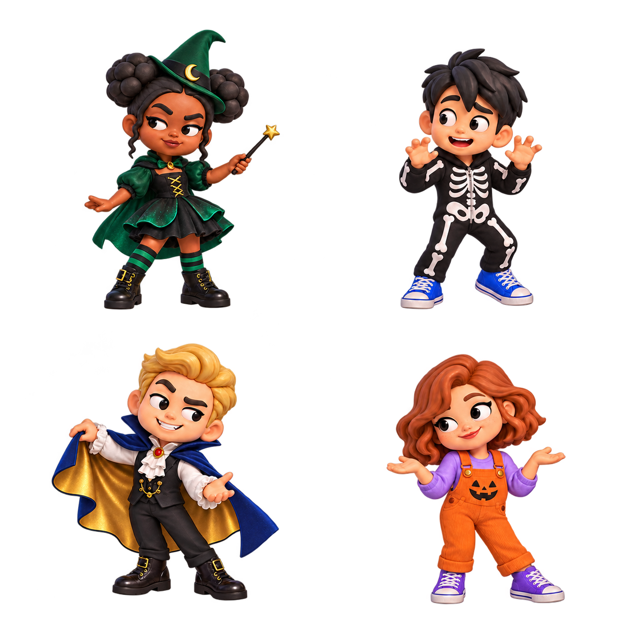 The friends dressed as a witch, skeleton, vampire and pumpkin
